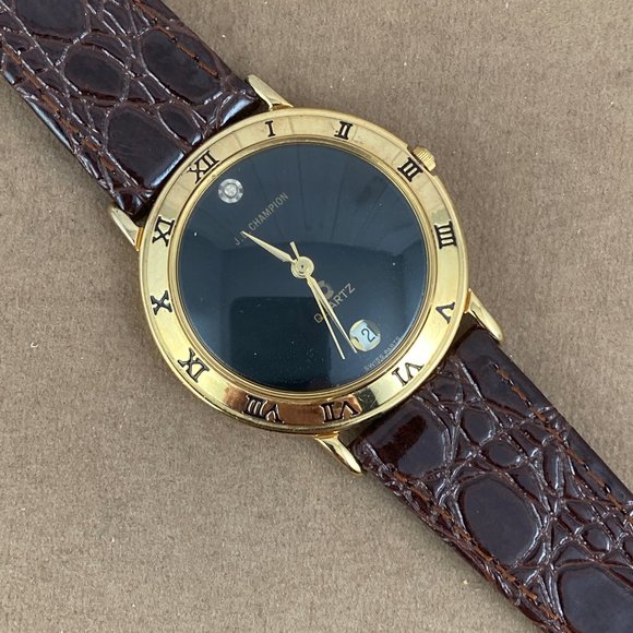 Vintage JB Champion Gold High Dome Crystal Watch  Diamond Date  Brown Strap - Picture 3 of 6